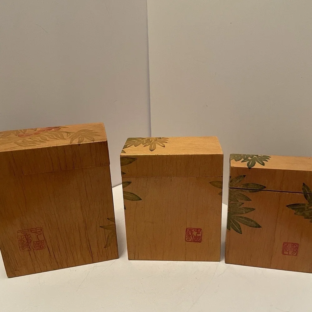 Vintage Chinese Wooden Nesting Boxes Set Of 3 Artist Sealed Bird & Floral Motif